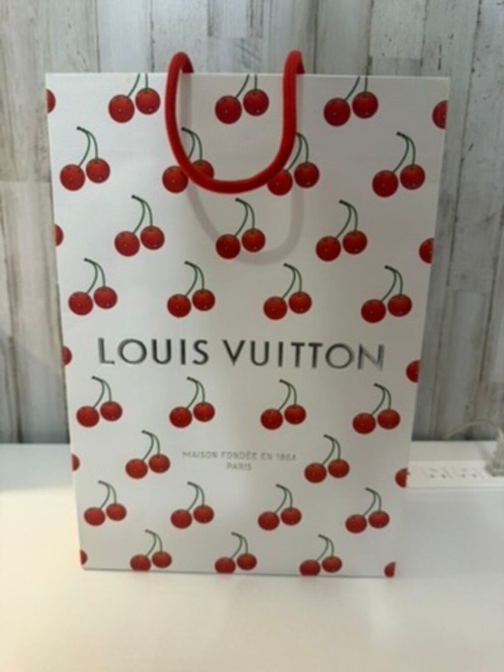 Louis Vuitton Cherry Print Shopping Bag White Red Rope Handles